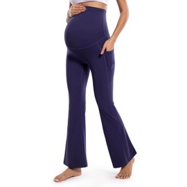 POSHDIVAH Women's Maternity Flare Leggings Over The Belly Pregnancy Workout Active Yoga Lounge Bootcut Pants with Pockets Navy Blue XX-Large