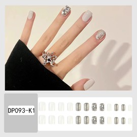 FOXIIU Press on Nails Square Short White Glossy Full Cover Acrylic Short Square Shaped Glitter False Nails with Rhinestone Designs Artificial Fake Nails with Glue Stick on Fingernails for Women