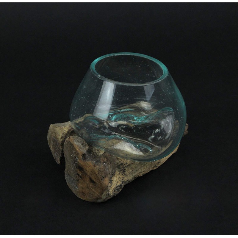 Things2Die4 Blown Molten Glass On Teak Driftwood Decorative Bowl/Mini Terrarium