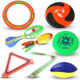Liberty Imports 8 en 1 Ultimate Outdoor Sports Combo Set | Fútbol de espuma, discos voladores de plástico, anillos aerodinámicos, boomerang y silbato de fútbol | Juguetes de patio trasero y actividades de verano para niños