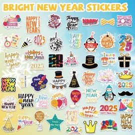 XZENTIRA 52 PCS Happy New Year Stickers 2025 Holiday Waterproof Vinyl Sticker New Years Eve Party Stickers Bulk New Year Kids Stickers for Water Bottles Laptops Window 2025 New Year Decorations