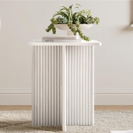 Square Fluted Accent Side Table - Pedestal Drink Table - Modern Home, Bedroom, and Living Room Furniture - Small End Table with Solid Wood X-Base and Wood Veneer Top (White)