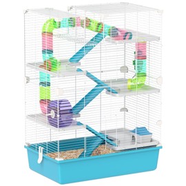 PawHut Hamster Cage, 6 Tier Small Animal Cage with Tubes and Tunnels, 32" DIY Design Large Hamster Cage with Hut, Wheel, Food Dish, Water Bottle, Ramps, for Dwarf & Gerbil, Light Blue