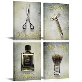 Biuteawal Barbershop Theme Wall Art Barber Scissors Lather Shave Trim Tools Picture Print on Canvas 4 Panel Vintage Artwork Hair Salon Home Men Bathroom Decor
