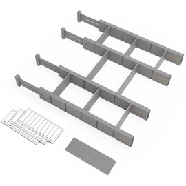 SpaceAid Bamboo Drawer Dividers with Inserts and Labels, Kitchen Adjustable Drawer Organizers, Expandable Organization for Home, Office, Dressers, 4 Dividers with 9 Inserts (17-22 in, Gray)