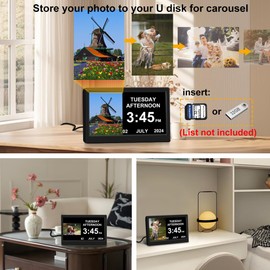 FEYBYLA Alarm Clock with Day and Date for Elderly Digital Calendar Clock Photo Frame- Auto Dimmable Display 15 Alarm Options, Clock with Non-Abbreviated Day & Month (10.1 inch Black)