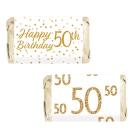 White and Gold 50th Birthday Mini Candy Bar Wrappers - 45 Stickers