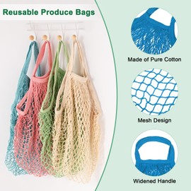 M METERXITY 1-Pack Cotton Mesh Bag, Reusable Washable Mesh Net String Grocery Bags, Reusable Produce Bags with Handle, Net Tote Bag for Fruits/Vegetables Shopping [Blue, Short Handle]