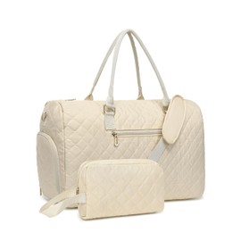 Gym Duffle Bag, Weekender Overnight Bags for Women with Shoe Compartment and Wet Pocket, Carry on Overnight Bag with Toiletry Bag for Travel Sport (Beige)