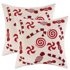 Tosleo Christmas Throw Pillow Cover 18 x 18 inch Set of 2 Beige Candy Cane Velvet Pillow Case Merry Christmas Party Decor Pillowcase Winter Holiday Cushion Case