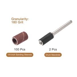 uxcell 100 Pcs 1/4 Inch Sanding Sleeves Sandpaper Set 180 Grit with 2 Pcs 1/8 Inch Drum Mandrels for Rotary Tools