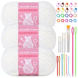 LUNARM Chenille Velvet Yarn, Yarn for Crocheting Knitting with Big Eye Needles, Handcrafts Weaving Soft Chenille Yarn for Making Blankets, Clothes, Pattern Knitting-3*3.35oz,3*162yds (Milky White)