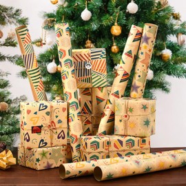 SYTHAK 6 Sheets Kraft Gift Wrapping Paper,Recyclable DIY Wrapping Paper with Flax Strings,Tape,Sticker and Rope for Kids Women Party Birthday Wedding Bridal Baby Showers Christmas Crafts Holidays