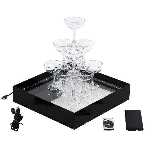 MRG Champagne Tower, 3 Tiers, Light Up Set, Tray Included, PSE Compliant Tested, Power Bank Included, Glasses, 11 Pieces, Birthday, Party, Acrylic (Champagne Tower Set)