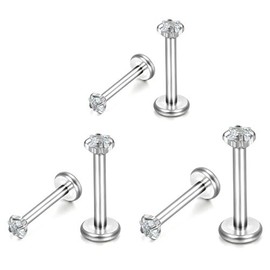 Aroncent Stainless Steel Surgical Lip Stud Earrings with Cubic Zirconia for Men Women Unisex Pack of 6, Stainless Steel, 6 mm + 8 mm + 10 mm