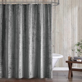 Fredsure Distressed Velvet Shower Curtain Set, 13 Pieces Grey Including 1 Piece 72"x72" Shower Curtain and 12 Pieces Silver Hooks