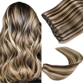 VINBAO Sew in Hair Extensions Human Hair Dark Brown 22in Sew in Extensions Brown with Caramel Blonde Highlighted Hair Extensions Weft Sew in Hair Extensions Human Hair 100g (weft#4P27,22'')