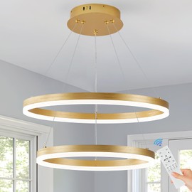 Sparklelf Modern LED Chandelier Gold 2-Rings Pendant Light Circular Flush Mount Ceiling Chandelier Lighting with Remote Control for Bedroom Living Room Dining Room Entrance, 3000K-6500K