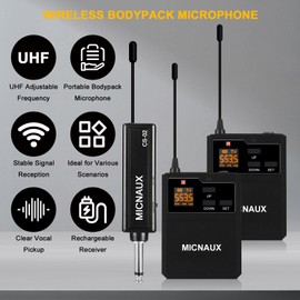 MICNAUX Wireless Lapel Microphone System with Headset & Lavalier Mics, Dual Bodypack Transmitters, Mini Rechargeable Receiver, 48 Channels in 500MHz UHF Band, 260ft Range for Wedding Speech Church