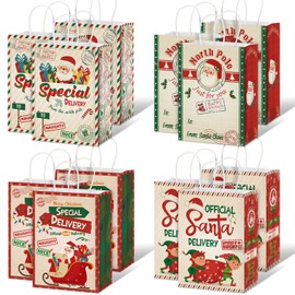 Zonon 24 Pieces Christmas Red Green Kraft Gift Bags Christmas Cartoon Goodie Paper Bags Xmas Special Delivery Bags with Handles Santa Candy Treat Bag for Holiday Favor Party Supplies