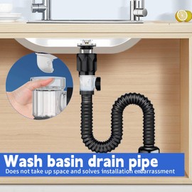 Sink Drain Fitting Kit, Drain Kitchen Sink Kit, Drain Hose with Pop-Up Sink Plug, Siphon, Flexible Drain Pipe, Bathroom Sink Drain, Extendible from 300 - 1000 mm