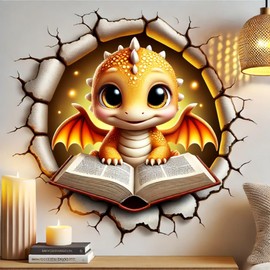 Little Dragon Reading Wall Decal - 3D Wall Sticker,8 inches (Yellow)