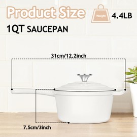 TeamFar 1QT Enameled Cast Iron Sauce Pan, Small Sauce Pot with Lid, Mini Dutch Oven Saucepan for Cooking/Simmering/Baking/Boiling, Sturdy & Nonstick, Oven Safe & Fit for Induction- White