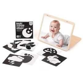 IEATFO Tummy Time Play Set Adjustable Angle, Double-Sided Design, Montessori Tummy Time Toys Large Baby Safe Mirror and Card Display Stand with Black and White High Contrast Baby Cards