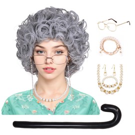 FantaLook Short Curly Gray Old Lady Cosplay Wig with Glasses EyeGlasses Chain Earrings Necklace Bracelet and Inflatable Crutch for Women Grandma Costume for 100 Days of School