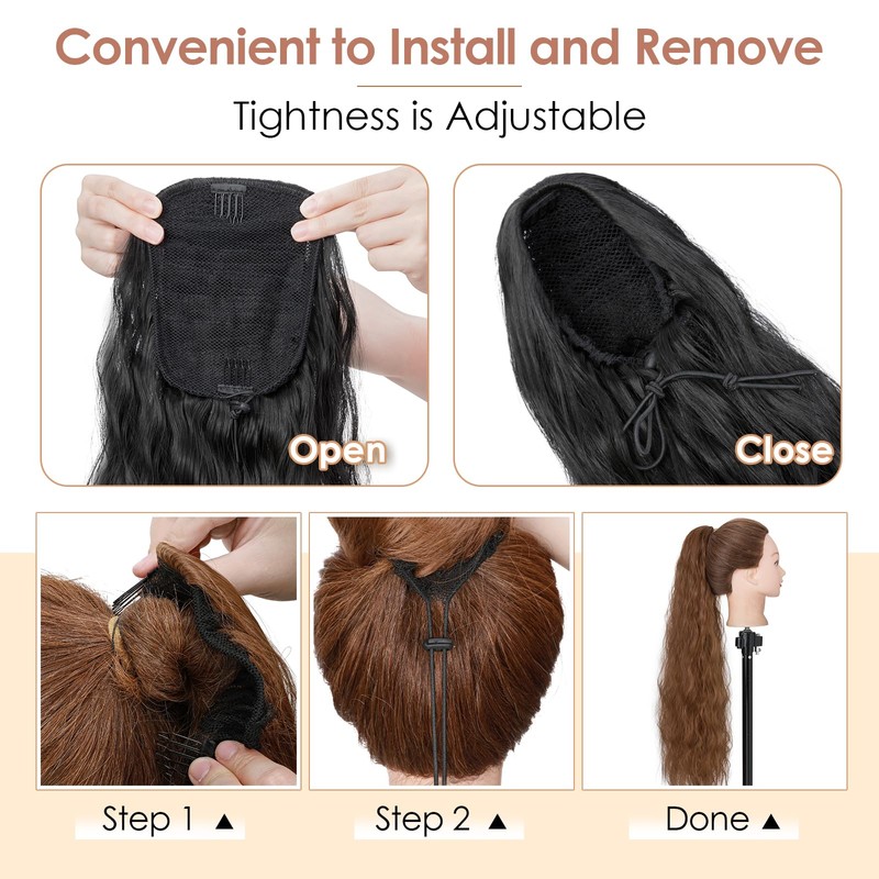 TESS Ponytail Extensions, 80 cm, Natural Black, Corn Wave Braid