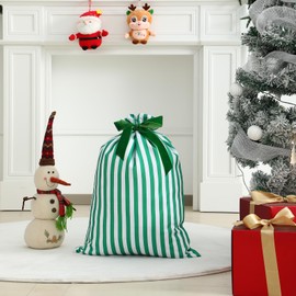 DYSHAYEN Santa Sack Christmas Gift Bag 19.7 X 27.6 Inch Large Canvas Christmas Santa Claus Bag for Xmas Party Supplies Favors (White-Green Stripes)