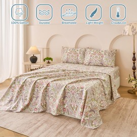 Huborise Pink Paisley Floral Bed Sheets Set 100% Cotton Percale Sheets King Size Green Leaves Printed Boho Sheets, Soft & Breathable Shabby-Chic Luxury Vintage Deep Pocket Fitted Sheet 17.5" 4 Pcs
