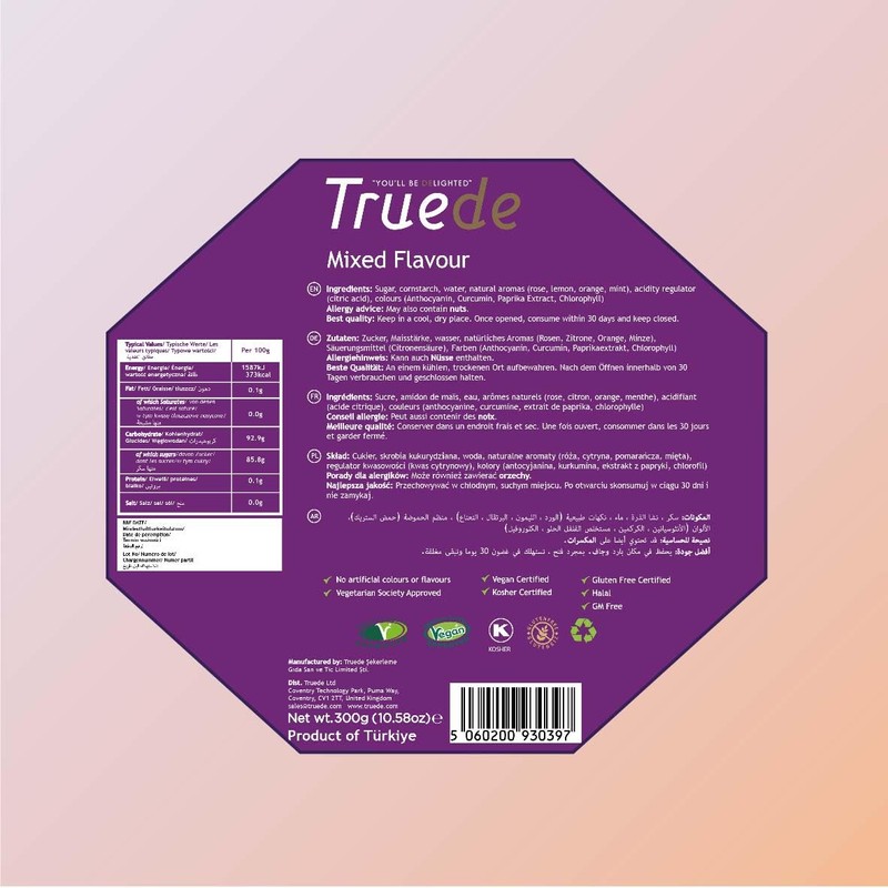 Truede Mixed Flavour Turkish Delight (300g) - Hand-Made, Dusted Rose,