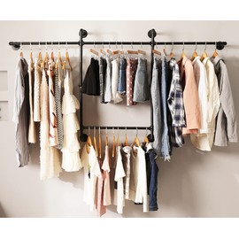 Industrial Clothing Racks Garment Racks – Wall Mounted Pipes Clothes Racks with Four Hanging Rods, Heavy Duty Garment Racks, Industrial Steampunk Closet Organizer Hall Tree (Metal Pipes-Black)