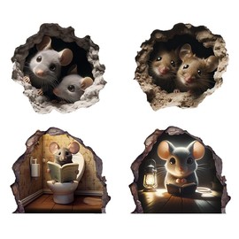 Starripon Cute Mouse in the Hole Wall Stickers, Set of 4, Made in Japan, Sticker Type, Mouse, Kitchen, Dining Room, Nursery School, Interior, Children's Room, Kindergarten, Entryway, Wall, Peel and