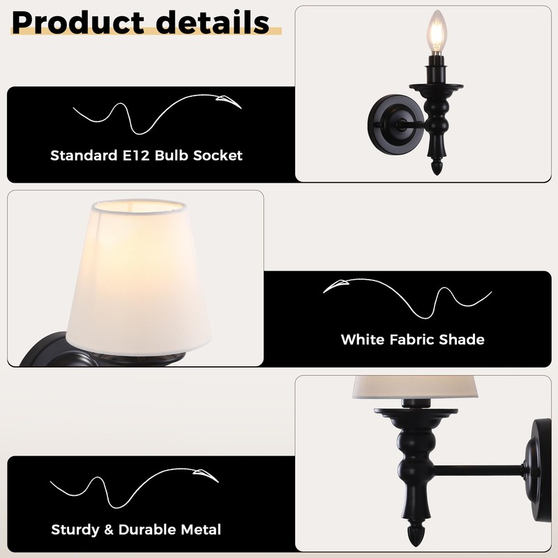 Wall Sconces Sets of 2, Hardwired Classic Matte Black Sconces