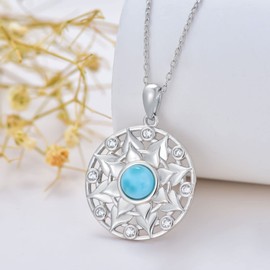 PROESS Larimar Lotus Necklace Sterling Silver Lotus Pendant Buddhism Neckalce Yoga Jewelry for Women