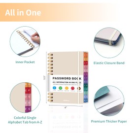 Spiral Password Book with Alphabetical Tabs – 4" X 5.5" Small Password Keeper Book with Inner Pocket for Seniors , Large Print, Hardcover, 468 Logins – Internet Password Organizer Notebook for Home & Office Use