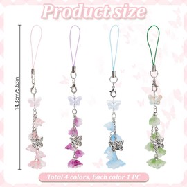 DELORIGIN 4Colors Lily of the Valley Phone Charms, 4pcs Cute Butterfly Bag Charm Beaded Phone Strap Wrist Lanyard Flower Acrylic Mobilephone Accessories For Phone Bag Keychain Car Camera Decor