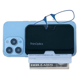 ThinOptics Readers with Wallet - Armless On-Nose Reading Glasses - Slim Wallet Attaches to Phone - MagSafe Compatible - Blue 2.00x