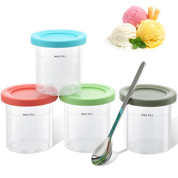 Ice Cream Pints 4 Pack, Compatible with Ninja Creami Containers for Ninja NC299AMZ and NC300s Series Creami Ice Cream Makers, Ice Cream Cups with Scoop, Colored Lids (Green/Grey/Blue/Pink,16oz Cups)