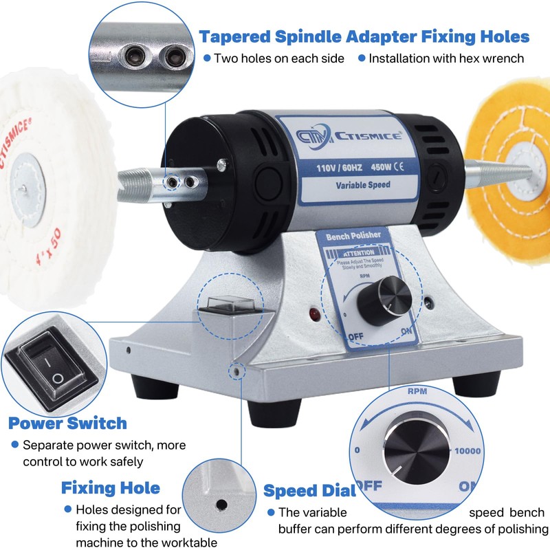 CTISMICE Jewelry Bench Polisher, Adjustable Variable Speed Benchtop Polishing Machine,