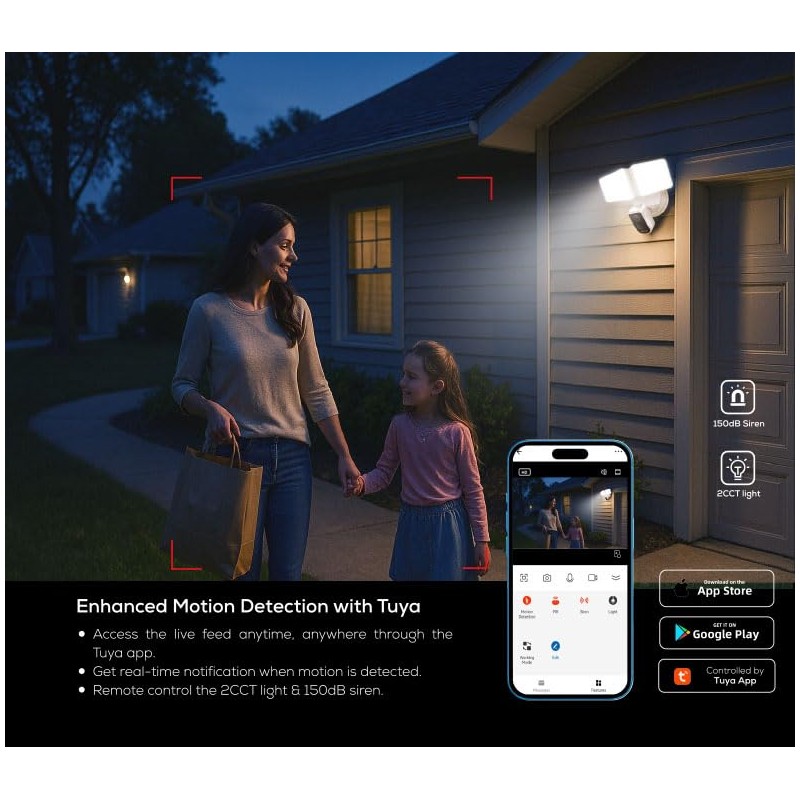 DeerTalk Security Floodlight Camera Outdoor Wired Motion Lights 2-Way Audio