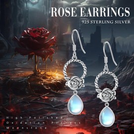 JFASHOP Moonstone Earrings for Women 925 Sterling Silver Rose Moonstone Drop Earrings Filigree Drop Earrings Moonstone Stud Earrings Jewellery for Women Girls, Silver