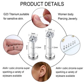 Chriscoco 16G G23 Titanium Lip Piercing Labret Piercing CZ Opal Tragus Piercing Ear Helix Monroe Medusa Piercing Lip for Women Men 6 mm 8 mm, Titanium, No gemstone