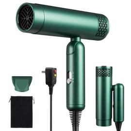 MattTravel Foldable Hair Dryer, Fast Drying Ionic Blow Dryer, Travel Hair Blow Dryer with Removable Nozzle and Storage Bag, Lightweight Portable Hairdryer for Women, Green