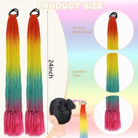2 Pieces Rainbow Braiding Hair Extension Ponytail with Hair Tie 24" Colored Braids Ponytail Hair Extensions Synthetic Braided Hairpieces Hair Accessories for Women Girls Festival Rave Party