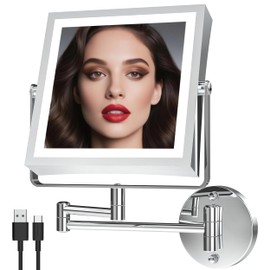 WZKALY Rechargeable Wall Mounted Makeup Mirror with Lights, 4000mAh Double Sided 1X/10X Magnifying Vanity Mirror with 3 Color Lights, Touch Dimmable, 360° Extension Foldable Arm (Chrome