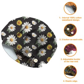 DELORIGIN Daisy Bouffant Hüte Verstellbare Arbeitskappen Baumwolle Krankenpflegehaube Arzt/Chirurgiehaube Mit Knopf Und Schweißband Für Krankenschwestern Und Kochen