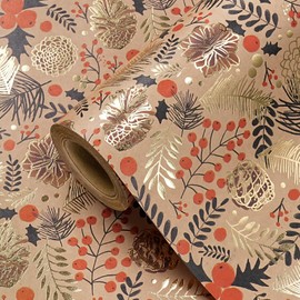 WRAPAHOLIC Kraft Christmas Wrapping Paper - Mini Roll - 17 Inch x 16.5 Feet - Gold Foil Pinecone Wrapping Paper for Christmas, Holiday, Party Celebration